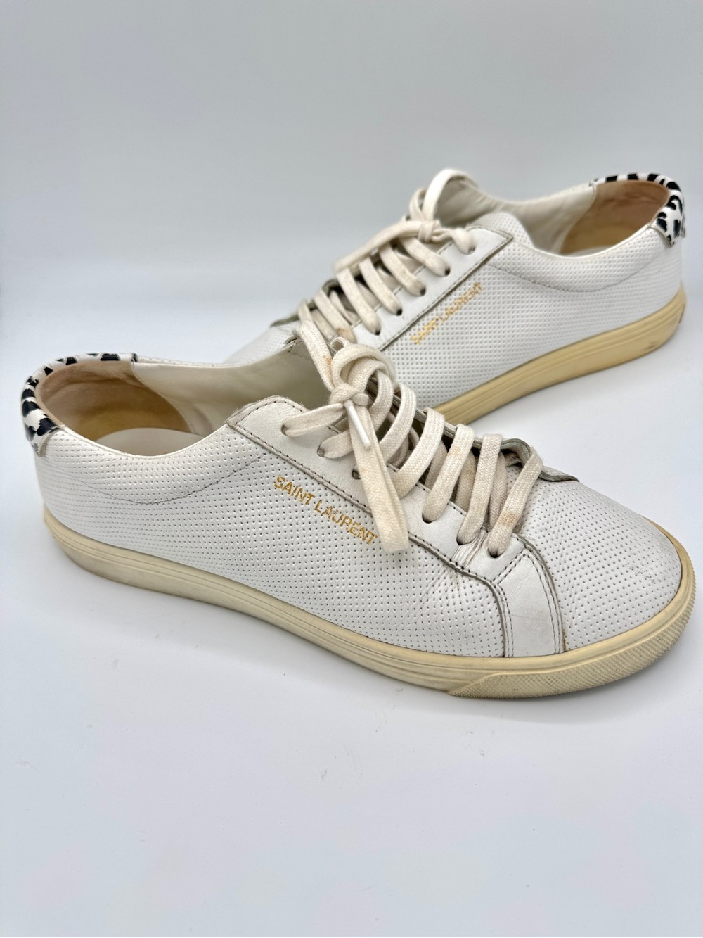 Saint Laurent YSL Perforated Andy leather sneakers white with leopard trim